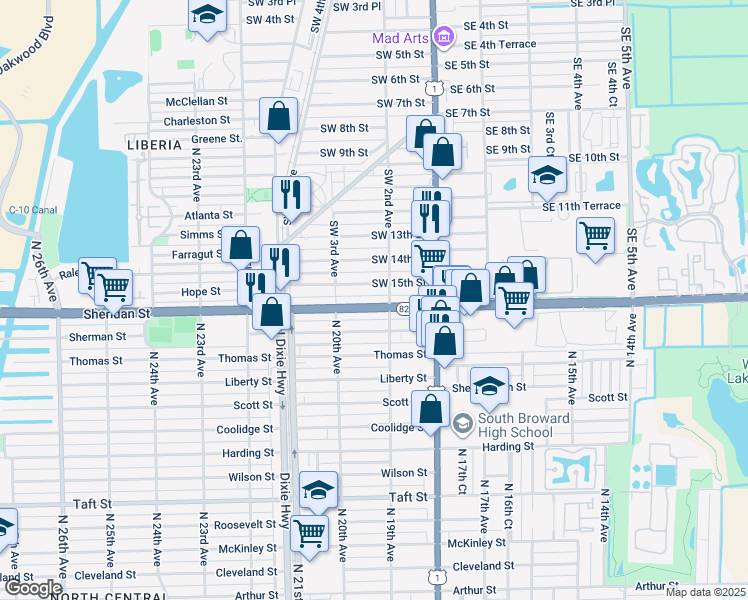 map of restaurants, bars, coffee shops, grocery stores, and more near 233 Southwest 16th Street in Dania Beach