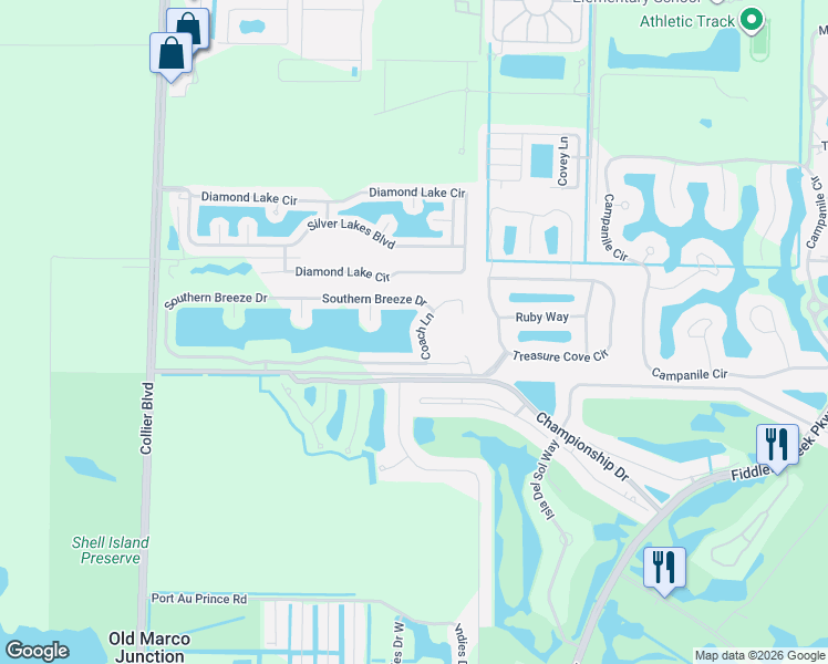 map of restaurants, bars, coffee shops, grocery stores, and more near 4934 Coach Lane in Naples