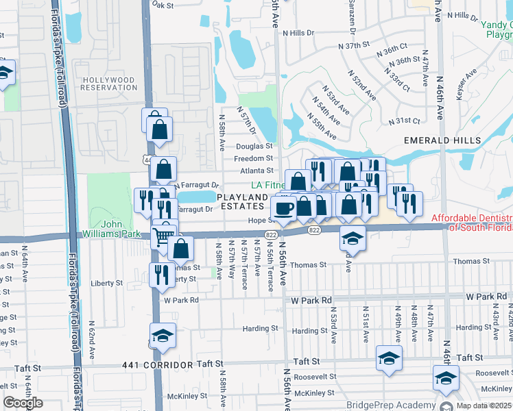map of restaurants, bars, coffee shops, grocery stores, and more near 5637 Raleigh Street in Hollywood