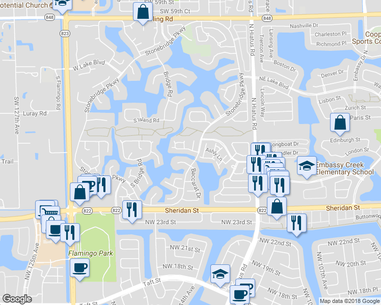 map of restaurants, bars, coffee shops, grocery stores, and more near 11610 South Budd Drive in Hollywood