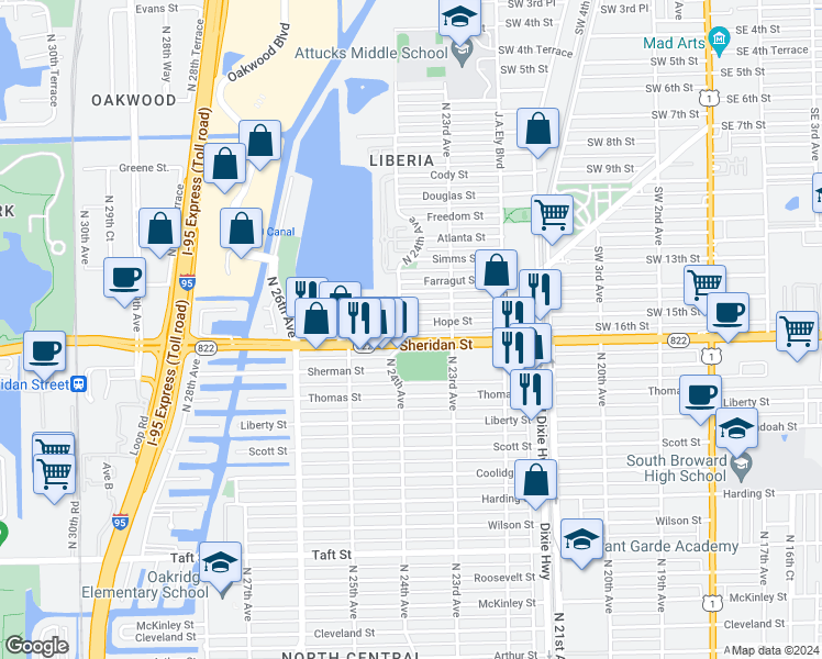 map of restaurants, bars, coffee shops, grocery stores, and more near 2348 Hope Street in Hollywood