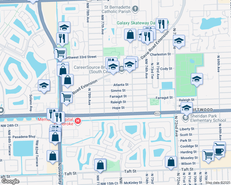 map of restaurants, bars, coffee shops, grocery stores, and more near 7608 Simms Street in Hollywood