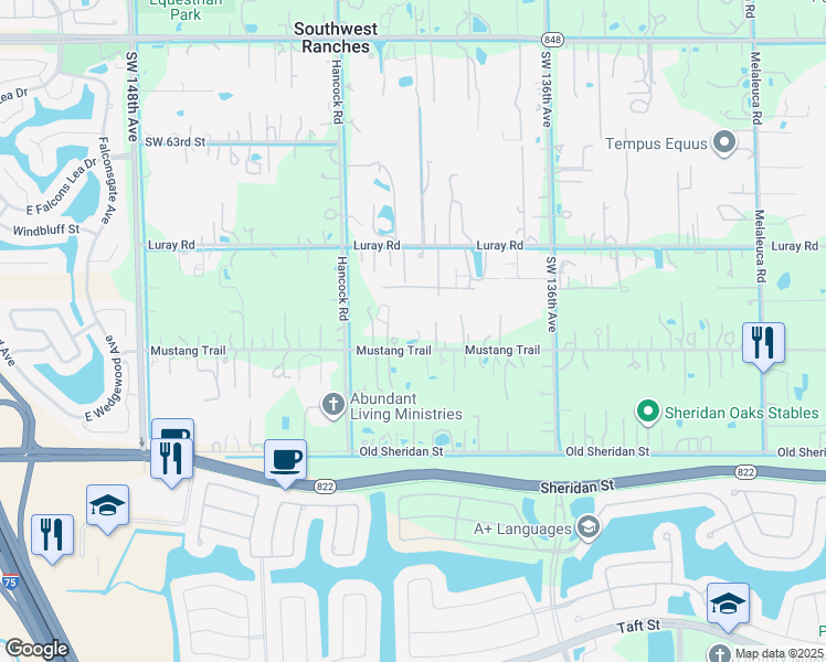 map of restaurants, bars, coffee shops, grocery stores, and more near 14001 Mustang Trail in Southwest Ranches