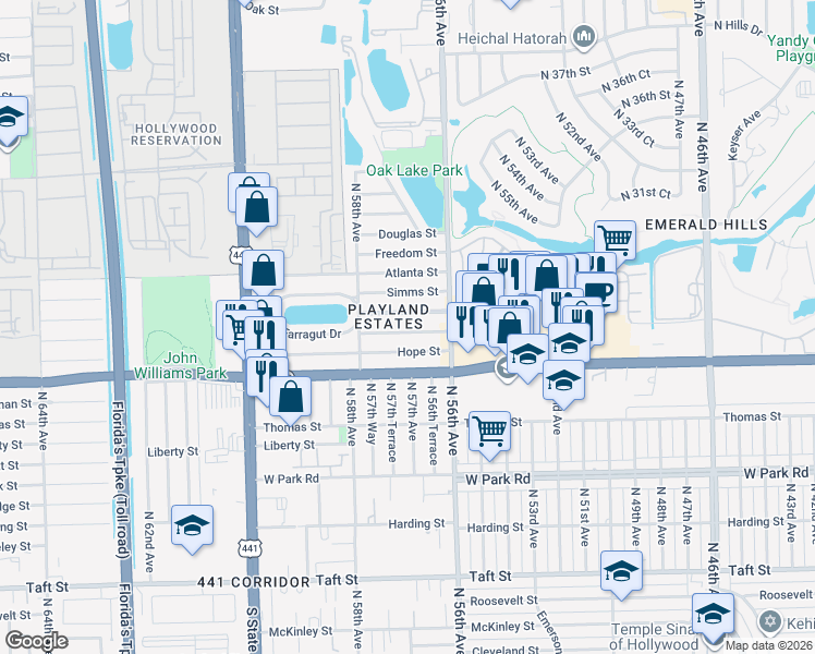 map of restaurants, bars, coffee shops, grocery stores, and more near 5637 Raleigh Street in Hollywood
