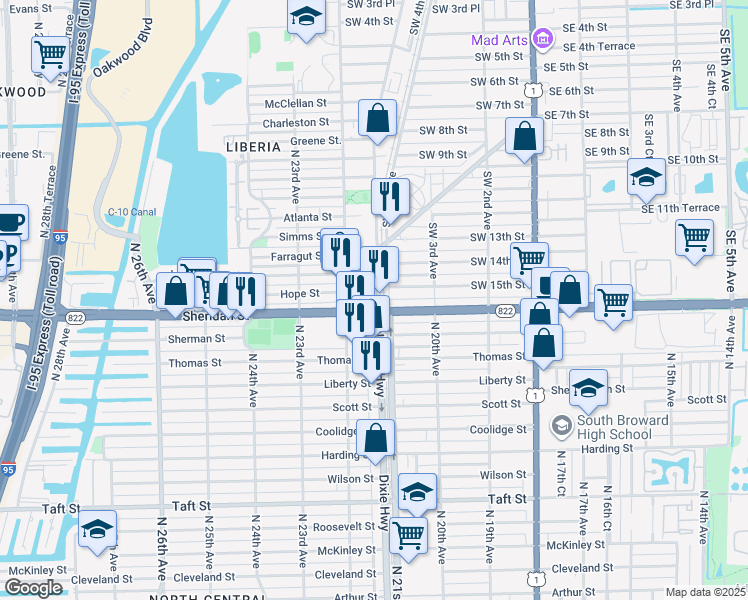 map of restaurants, bars, coffee shops, grocery stores, and more near 1555 Southwest 12th Avenue in Dania Beach