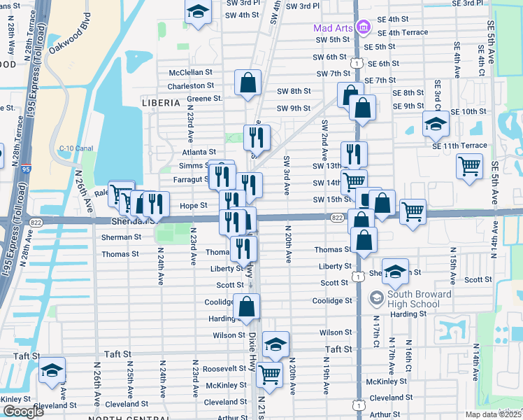 map of restaurants, bars, coffee shops, grocery stores, and more near 339 Southwest 16th Street in Dania Beach