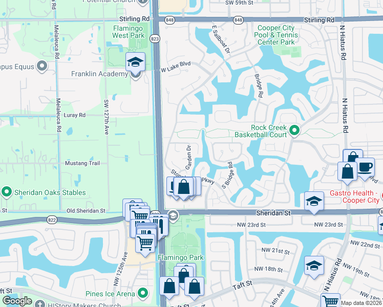 map of restaurants, bars, coffee shops, grocery stores, and more near 2885 Garden Drive in Hollywood