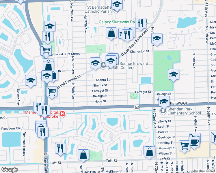 map of restaurants, bars, coffee shops, grocery stores, and more near 7530 Simms Street in Hollywood