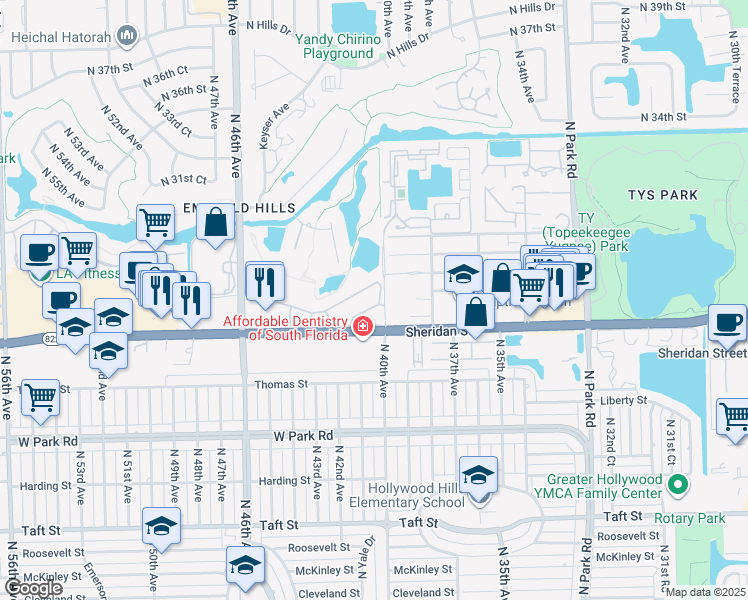 map of restaurants, bars, coffee shops, grocery stores, and more near 2555 North 40th Avenue in Hollywood