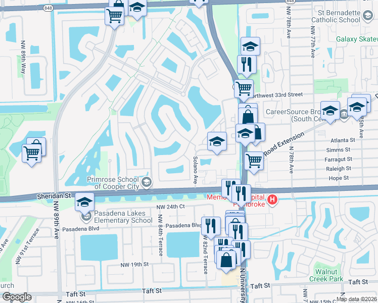 map of restaurants, bars, coffee shops, grocery stores, and more near 8276 Northwest 28th Street in Pembroke Pines