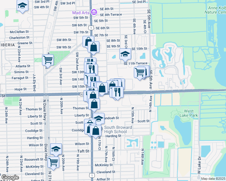 map of restaurants, bars, coffee shops, grocery stores, and more near 213 East Sheridan Street in Dania Beach