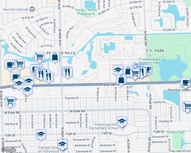 map of restaurants, bars, coffee shops, grocery stores, and more near 2555 North 40th Avenue in Hollywood