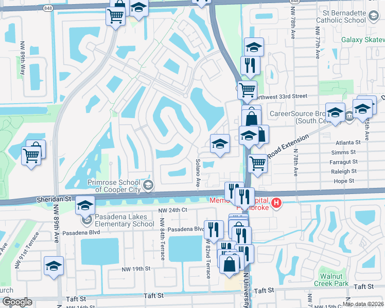 map of restaurants, bars, coffee shops, grocery stores, and more near 8276 Northwest 28th Street in Pembroke Pines