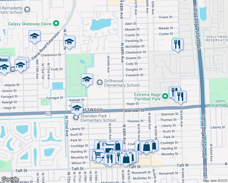map of restaurants, bars, coffee shops, grocery stores, and more near 6861 Farragut Street in Hollywood