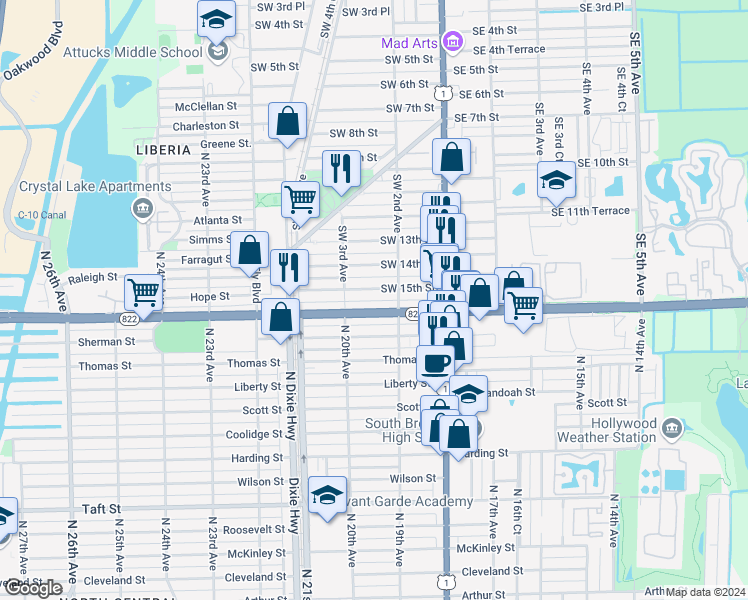 map of restaurants, bars, coffee shops, grocery stores, and more near 233 Southwest 16th Street in Dania Beach