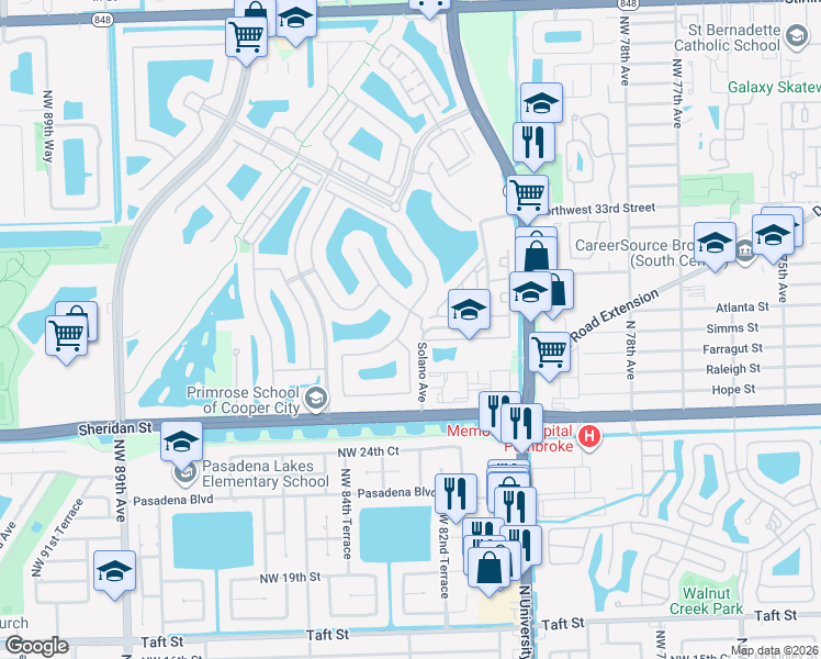 map of restaurants, bars, coffee shops, grocery stores, and more near 8276 Northwest 28th Street in Pembroke Pines