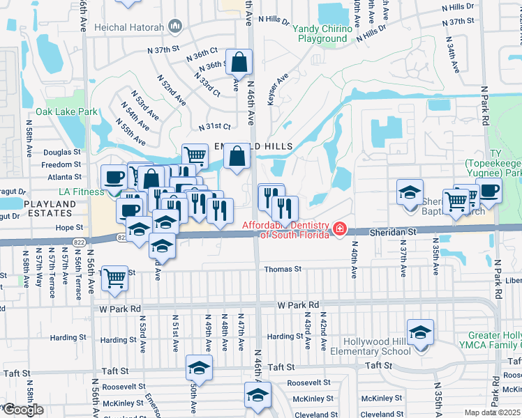 map of restaurants, bars, coffee shops, grocery stores, and more near 2400 Saint Andrews Road in Hollywood