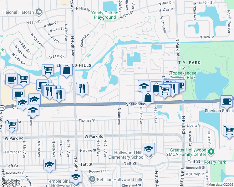 map of restaurants, bars, coffee shops, grocery stores, and more near 2555 North 40th Avenue in Hollywood
