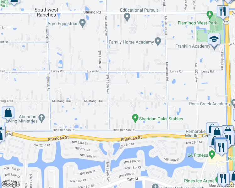 map of restaurants, bars, coffee shops, grocery stores, and more near 13451 Mustang Trail in Southwest Ranches