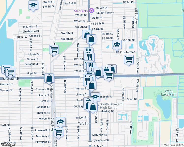map of restaurants, bars, coffee shops, grocery stores, and more near in Dania Beach