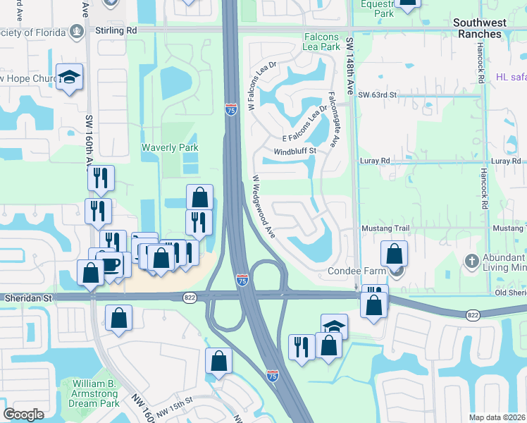 map of restaurants, bars, coffee shops, grocery stores, and more near 6811 West Longbow Bend in Davie