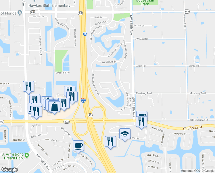 map of restaurants, bars, coffee shops, grocery stores, and more near 6830 West Longbow Bend in Davie