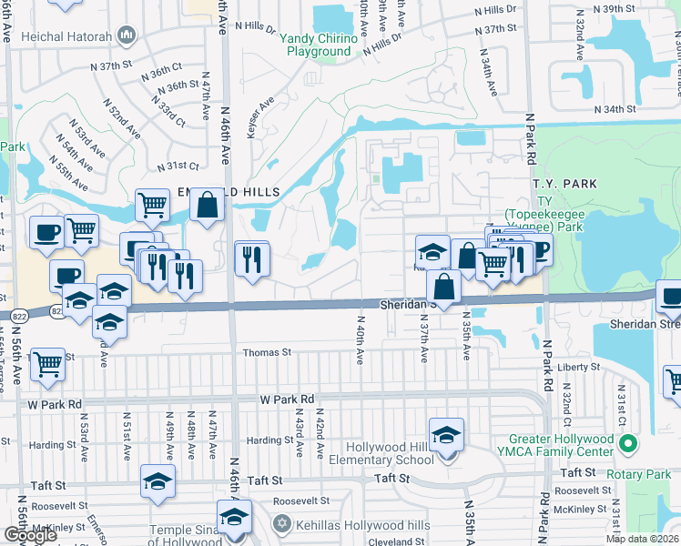 map of restaurants, bars, coffee shops, grocery stores, and more near 410 Saint Andrews Road in Hollywood