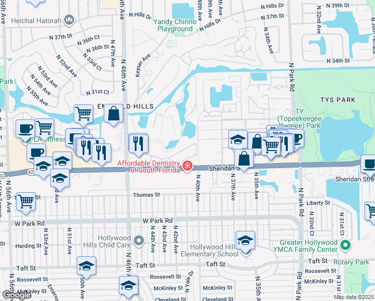 map of restaurants, bars, coffee shops, grocery stores, and more near 410 Saint Andrews Road in Hollywood