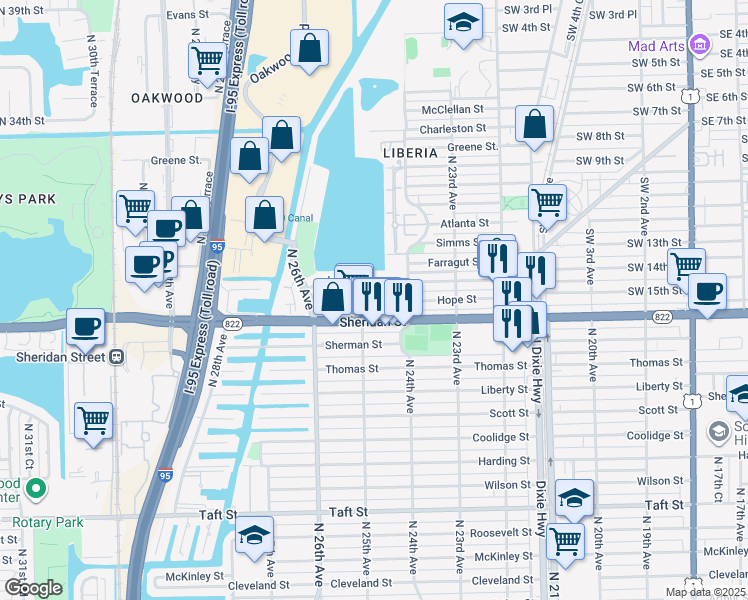 map of restaurants, bars, coffee shops, grocery stores, and more near 2465 Oak Gardens Lane in Hollywood