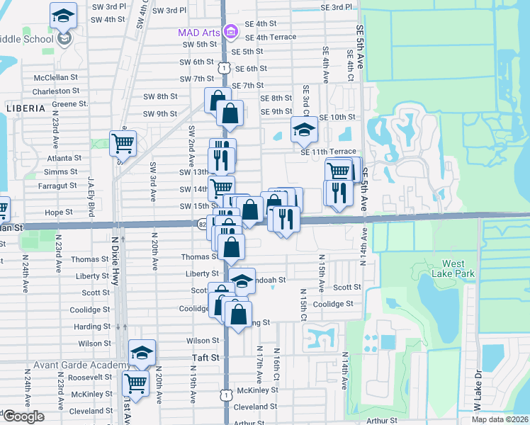 map of restaurants, bars, coffee shops, grocery stores, and more near 213 East Sheridan Street in Dania Beach