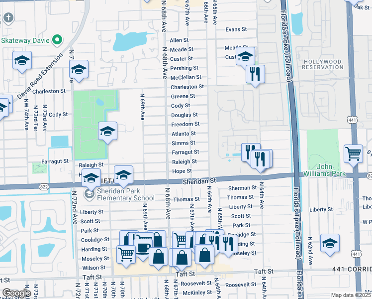 map of restaurants, bars, coffee shops, grocery stores, and more near 6705 Farragut St in Hollywood