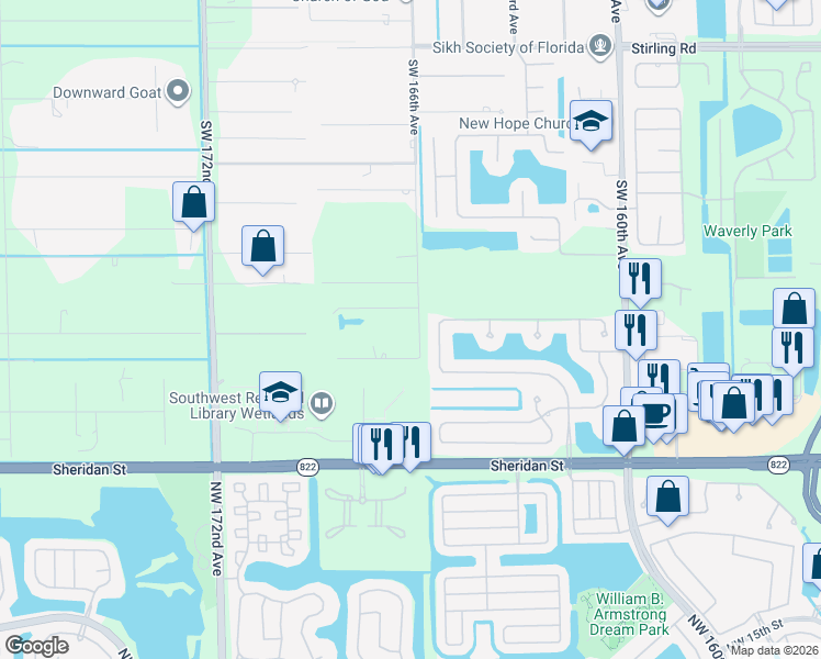 map of restaurants, bars, coffee shops, grocery stores, and more near 6811 Southwest 166th Avenue in Southwest Ranches