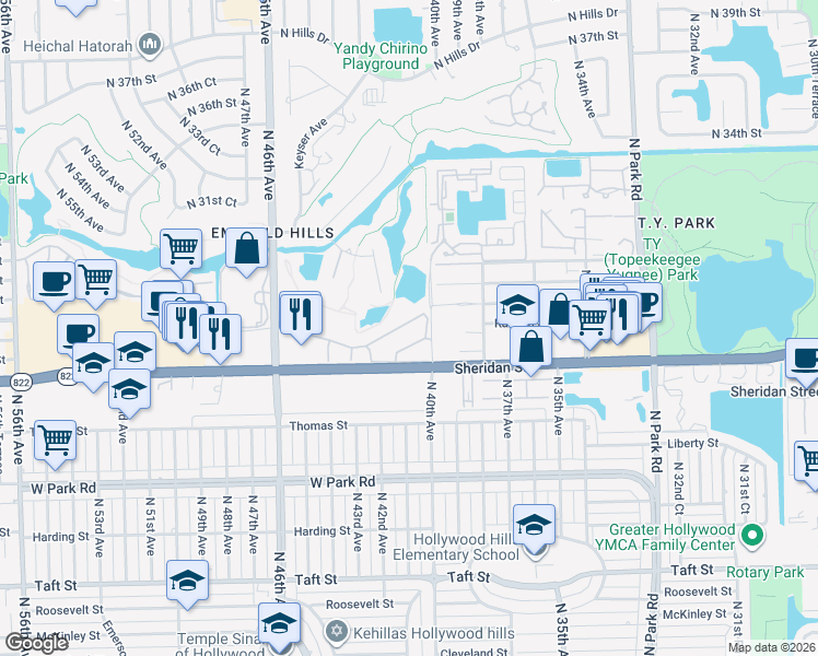 map of restaurants, bars, coffee shops, grocery stores, and more near 410 Saint Andrews Road in Hollywood