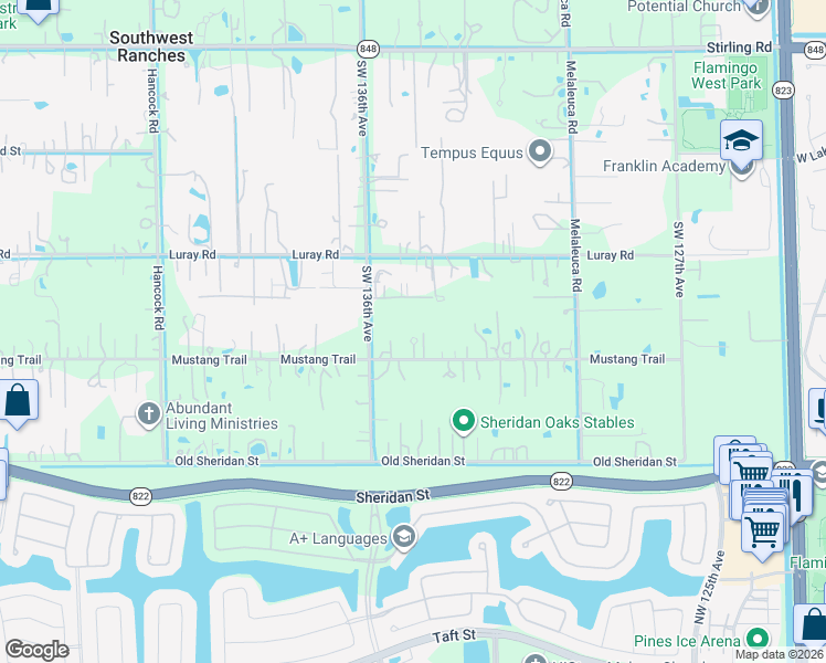 map of restaurants, bars, coffee shops, grocery stores, and more near 13451 Mustang Trail in Southwest Ranches