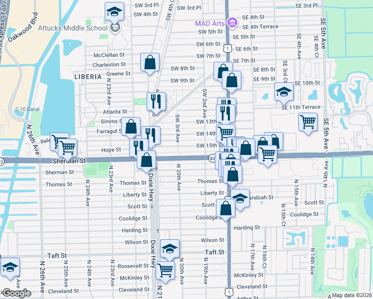 map of restaurants, bars, coffee shops, grocery stores, and more near 233 Southwest 16th Street in Dania Beach