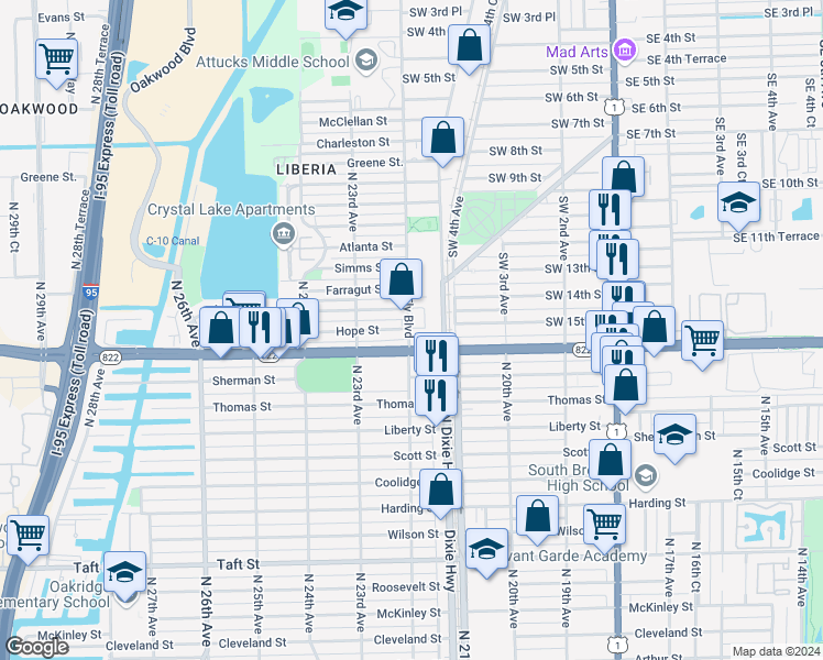 map of restaurants, bars, coffee shops, grocery stores, and more near 1555 Southwest 12th Avenue in Dania Beach