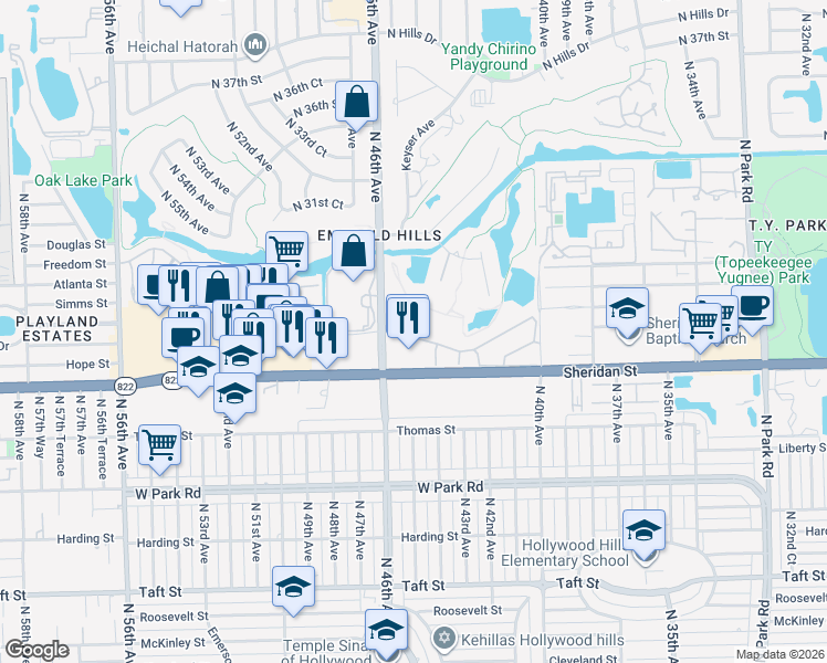 map of restaurants, bars, coffee shops, grocery stores, and more near 1701 Saint Andrews Road in Hollywood