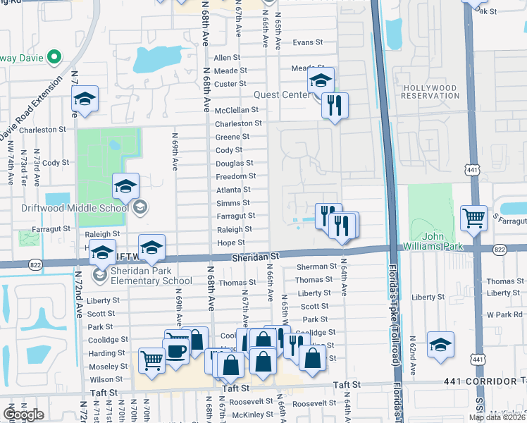 map of restaurants, bars, coffee shops, grocery stores, and more near 6611 Farragut Street in Hollywood