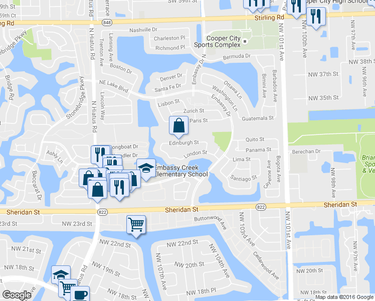 map of restaurants, bars, coffee shops, grocery stores, and more near 10691 London Street in Hollywood