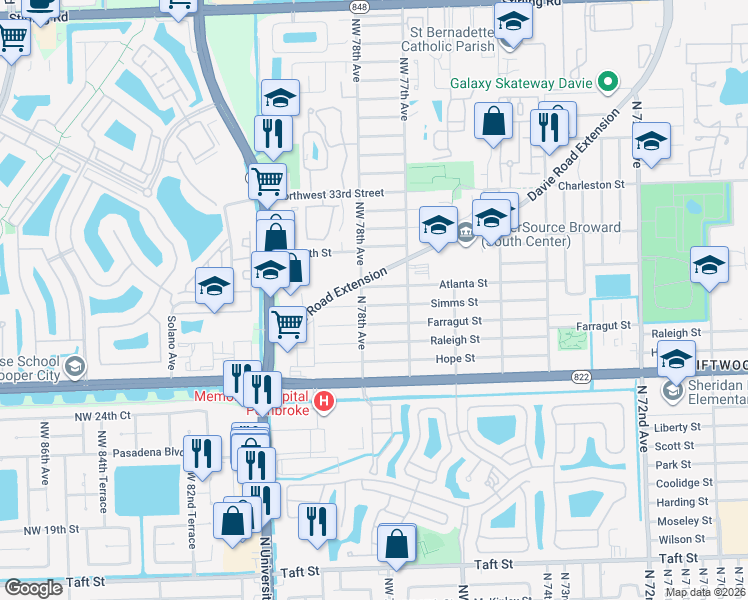 map of restaurants, bars, coffee shops, grocery stores, and more near 7761 Simms Street in Hollywood