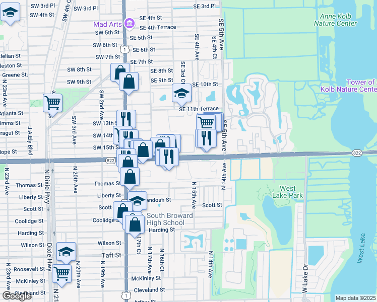 map of restaurants, bars, coffee shops, grocery stores, and more near 399 East Sheridan Street in Dania Beach