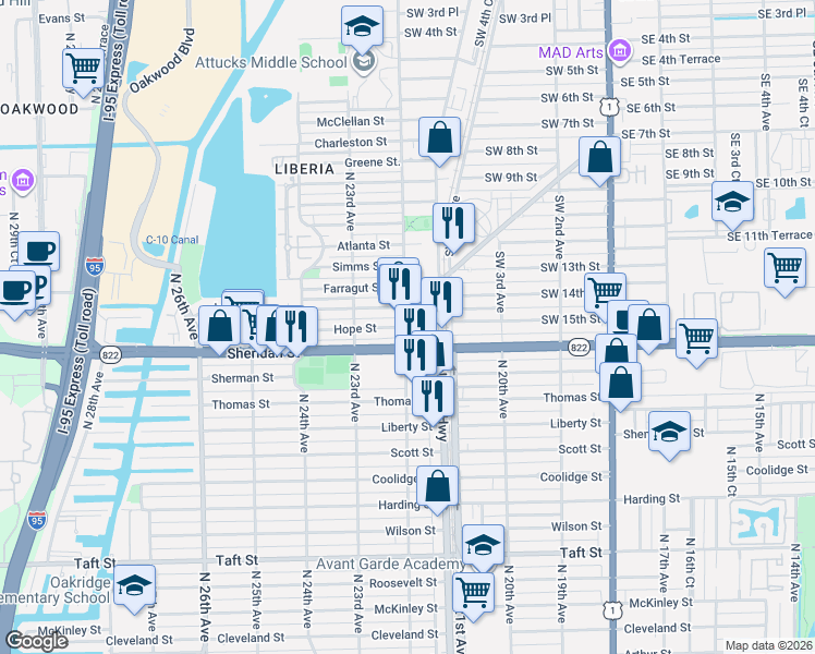 map of restaurants, bars, coffee shops, grocery stores, and more near 1555 Southwest 12th Avenue in Dania Beach