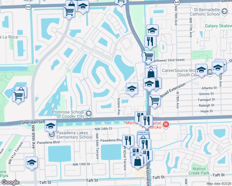 map of restaurants, bars, coffee shops, grocery stores, and more near 8276 Northwest 28th Street in Pembroke Pines