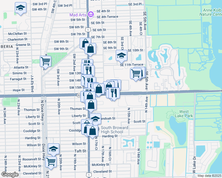 map of restaurants, bars, coffee shops, grocery stores, and more near 213 East Sheridan Street in Dania Beach