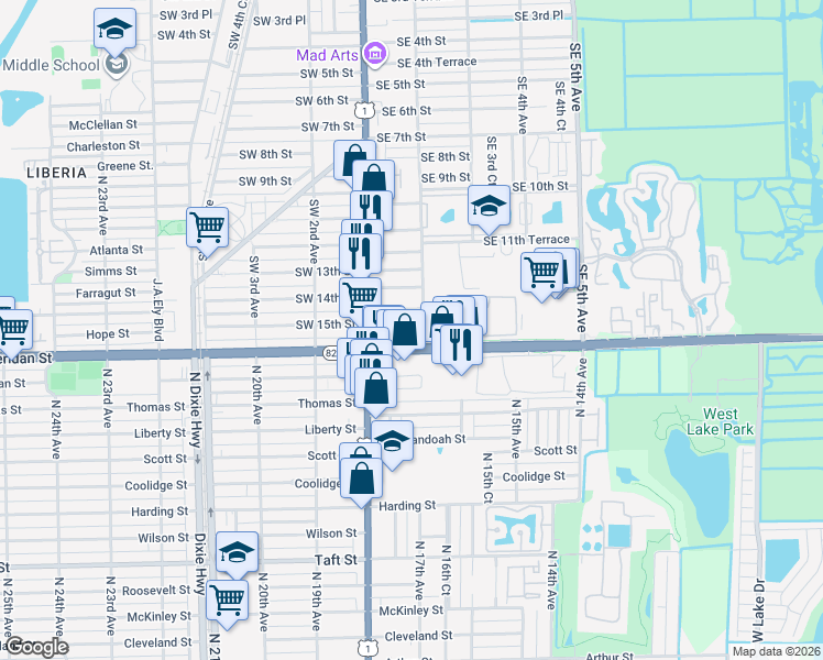 map of restaurants, bars, coffee shops, grocery stores, and more near 29 East Sheridan Street in Dania Beach