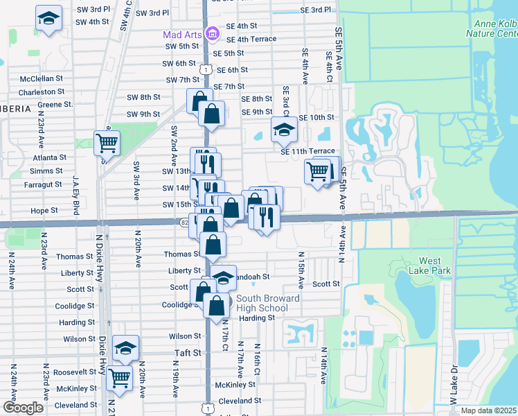 map of restaurants, bars, coffee shops, grocery stores, and more near 213 East Sheridan Street in Dania Beach