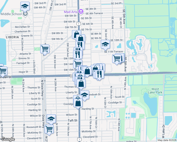 map of restaurants, bars, coffee shops, grocery stores, and more near 29 East Sheridan Street in Dania Beach