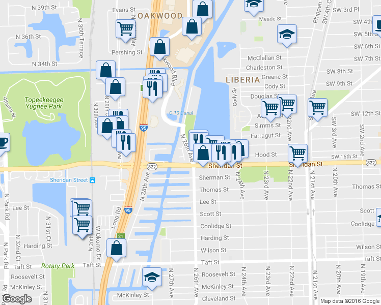 map of restaurants, bars, coffee shops, grocery stores, and more near 2547 North 26th Terrace in Hollywood