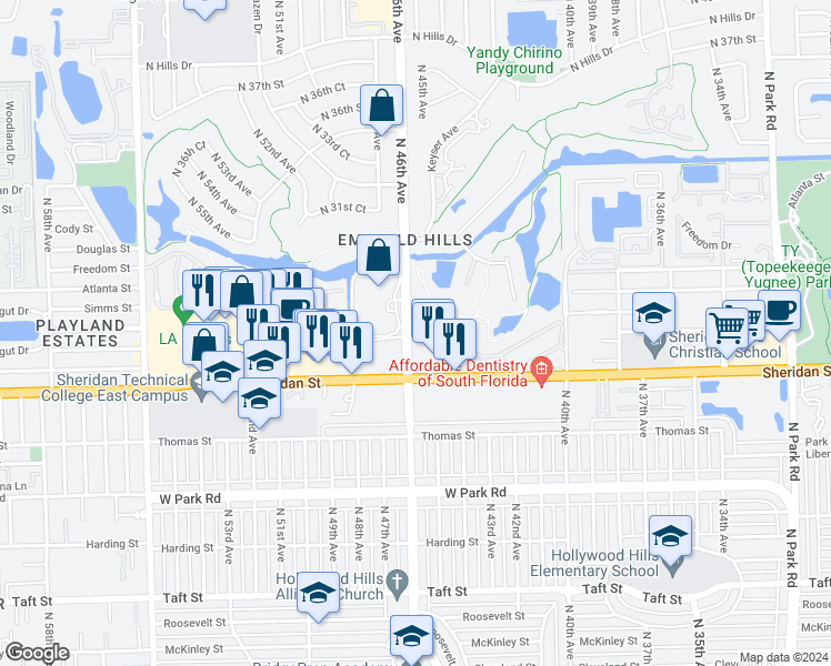 map of restaurants, bars, coffee shops, grocery stores, and more near 2400 Saint Andrews Road in Hollywood