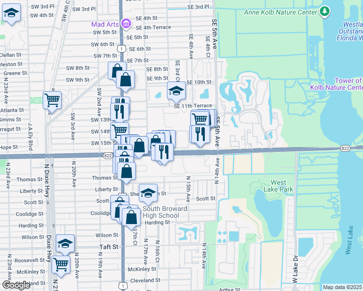 map of restaurants, bars, coffee shops, grocery stores, and more near 399 East Sheridan Street in Dania Beach